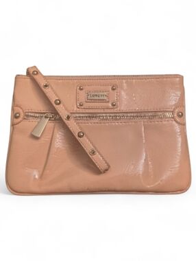 Express Tan Patent Leather Wristlet Clutch Zip Pouch Studded Strap Handbag